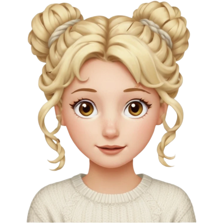 blonde hazel eyes woman with a white cable knit sweater and one curly messy bun with tendrils of hair flowing down her face and she is happy pale, some freckles, blush. she has a cateye wing and long lashes emoji