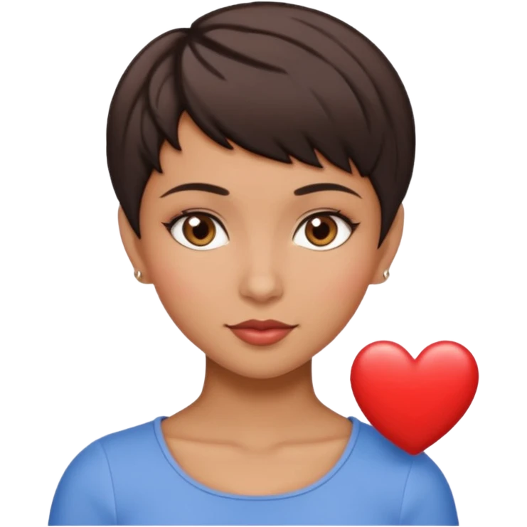 woman pixie cut dark brown hair, tan skin, brown almond eyes, heart shaped face emoji