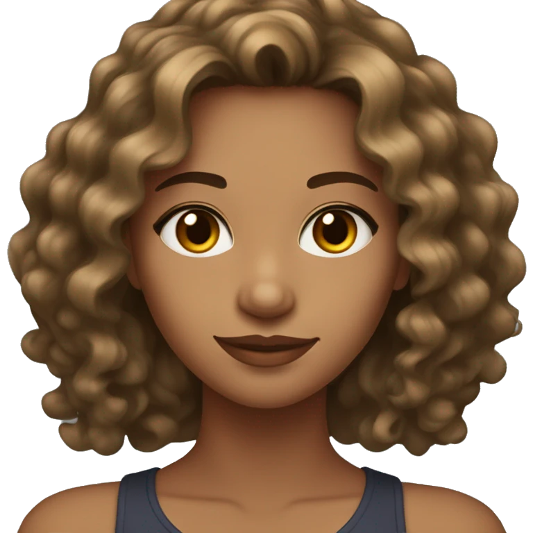 A young woman with light brown wavy hair and dark highlights with olive skin emoji