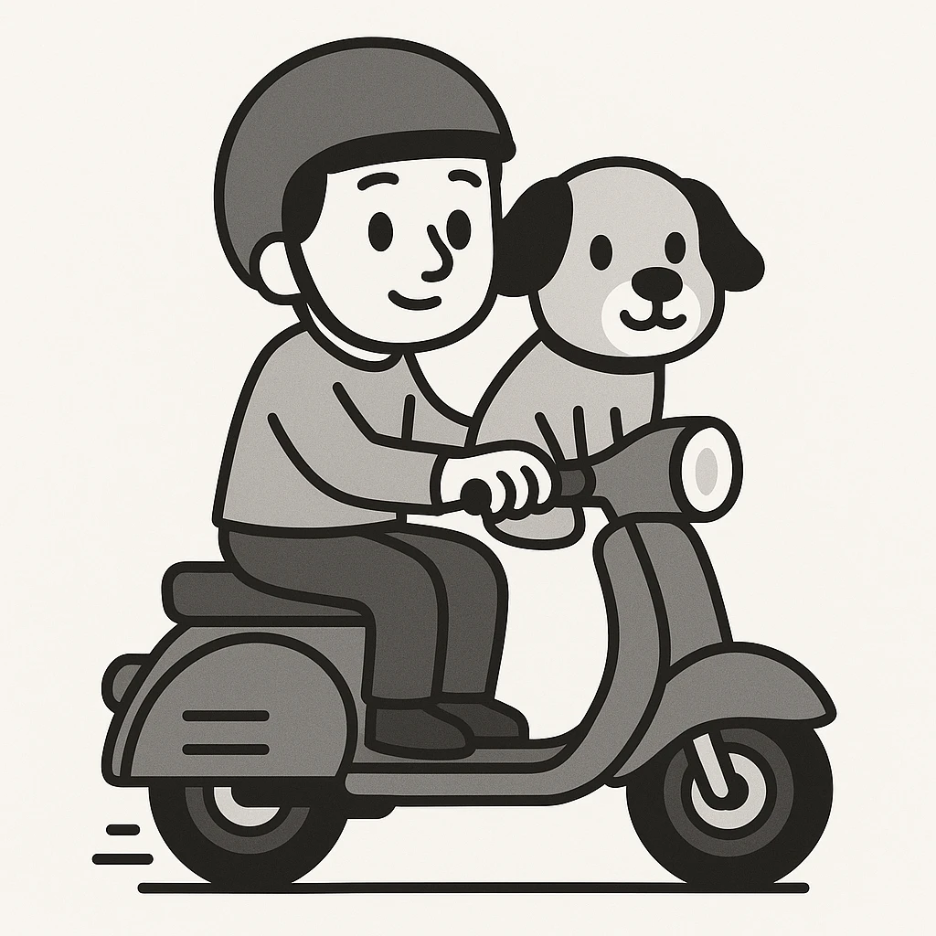 man and his pet dog riding a vespa emoji
