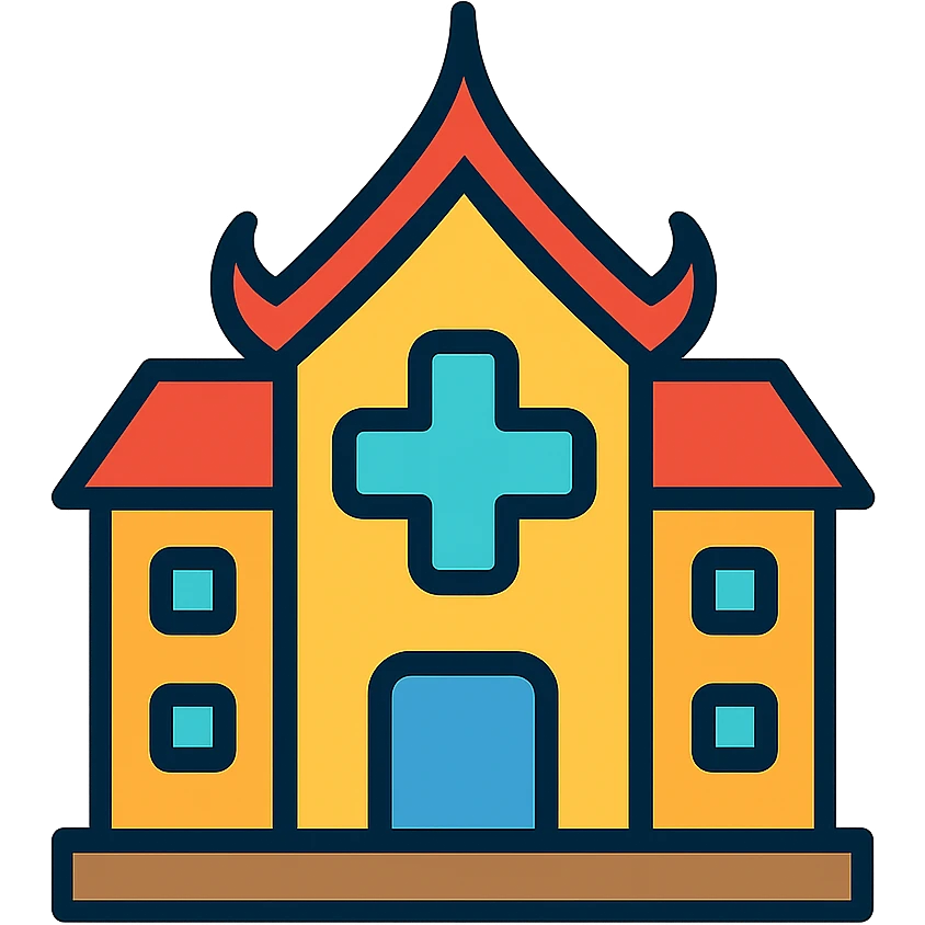 Hospital in Thailand with traditional Thai architectural elements and medical cross emoji