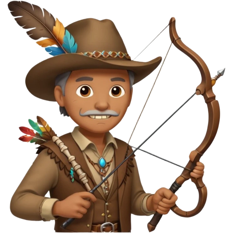 The classic image of a middle-aged uncle hunter carrying a bow, dressed in brown clothes, with some ornaments made of feathers, bones or teeth on his body. emoji