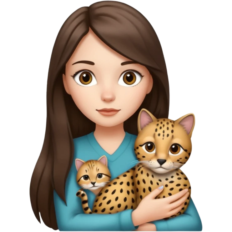 a white girl with brunette long straight hair holding a grey cat. the grey cat has black lines and cheeta prints in its fur. emoji