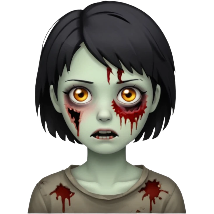 Zombie girl with messy black short hair with lashes and torn cheek emoji