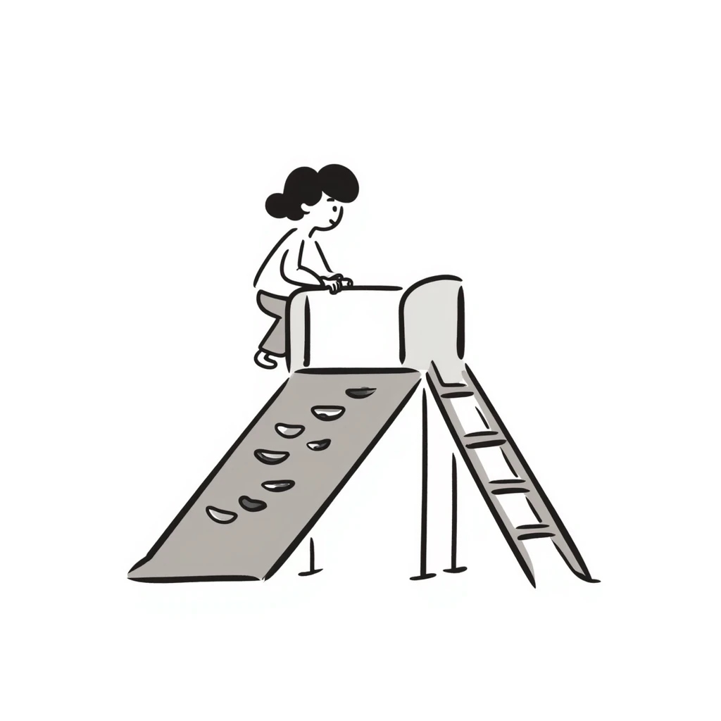 Children's playground slide with ladder in pastel colors (dd9fb0, ffc6d3, a3bfc9, c4bee2, f1b091), hand-drawn doodle style emoji