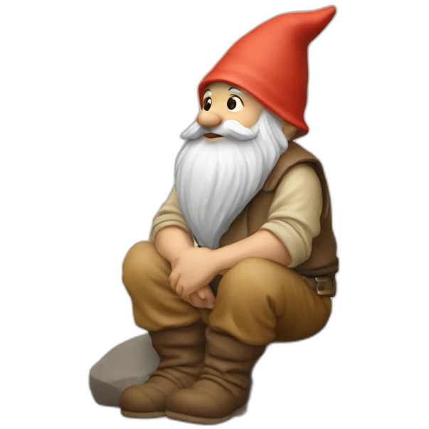 side view of gnome with tan pants sitting above a small brown stone emoji