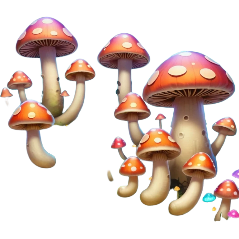  "A whimsical mushroom world filled with giant glowing mushrooms, soft bioluminescent spores floating through the air, and friendly oversized snails with colorful spiral shells exploring the landscape. Fantasy atmosphere, vibrant colors, dreamy lighting, highly detailed emoji