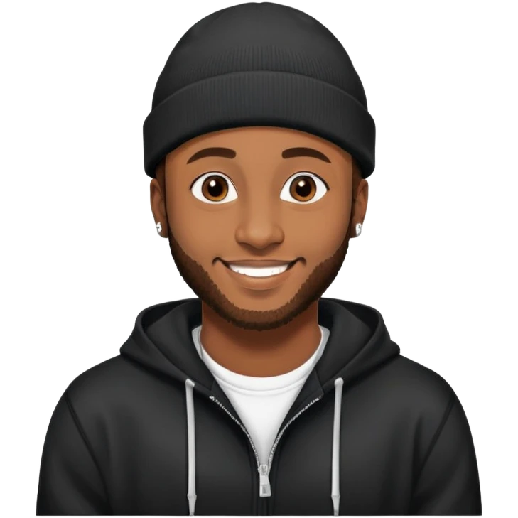African yound man in his late 20s with a beanie and a bright smile with a short boxed beard, and a low cut hair, looking like davido the musician black hoody emoji
