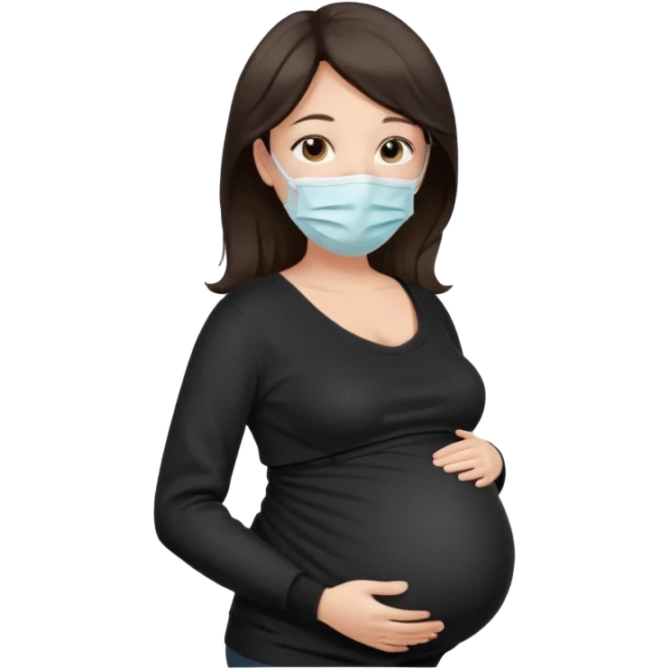 a pregrant lady with dark brown hair? Hair lengt above shoulder, wearing medical face mask, i wanna see the pregnant belly with black sweater emoji