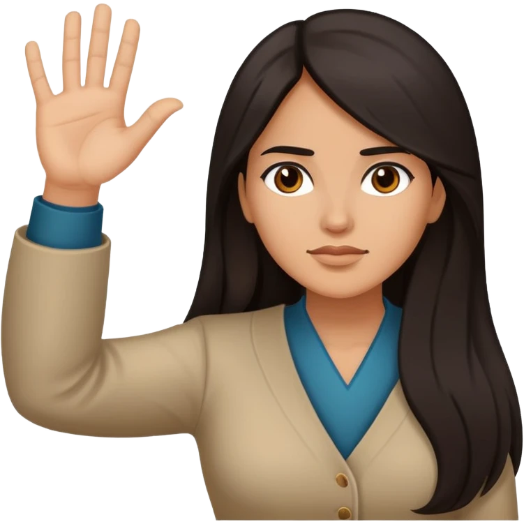 Hispanic woman with long hair, determined, one hand out motioning “no” emoji