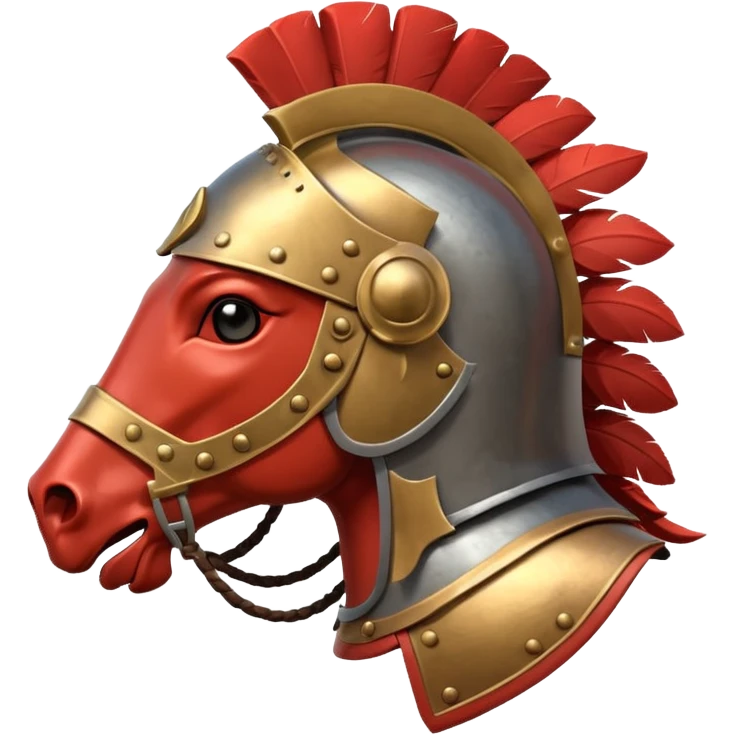 An emoji of a powerful Roman warhorse in full armor, with a feathered helmet. emoji