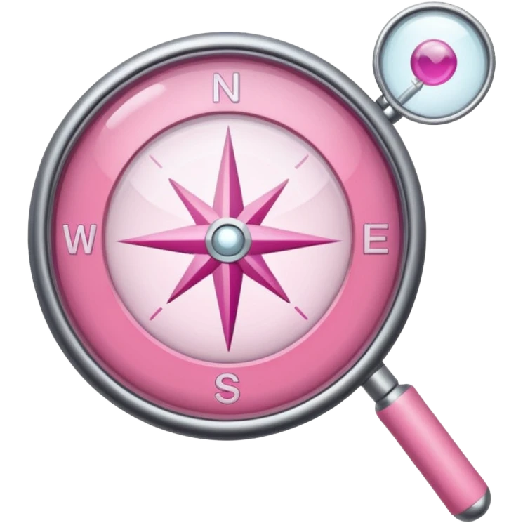 mix light pink dark pink and white girly internet compass logo with a small magnifying glass emoji