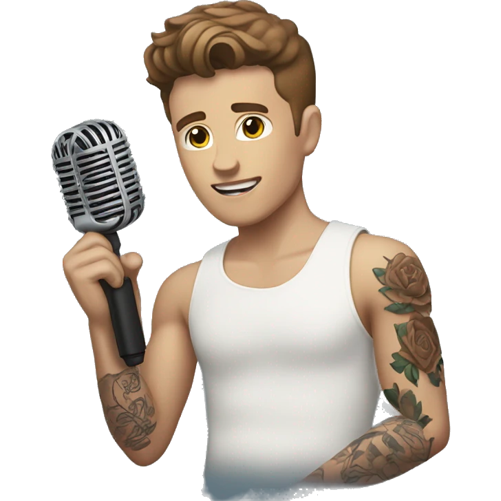 White boy with brown hair with arm tattoo and holding a microphone  emoji