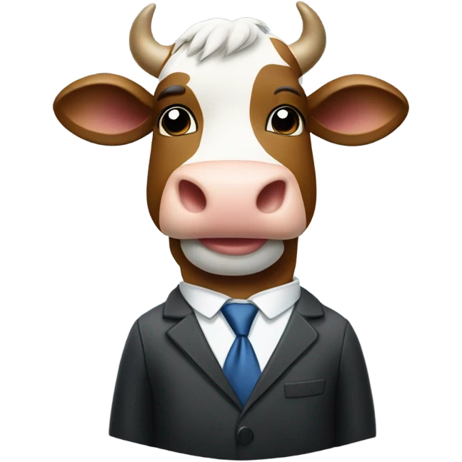 A cow in a business suit looking at a watch emoji