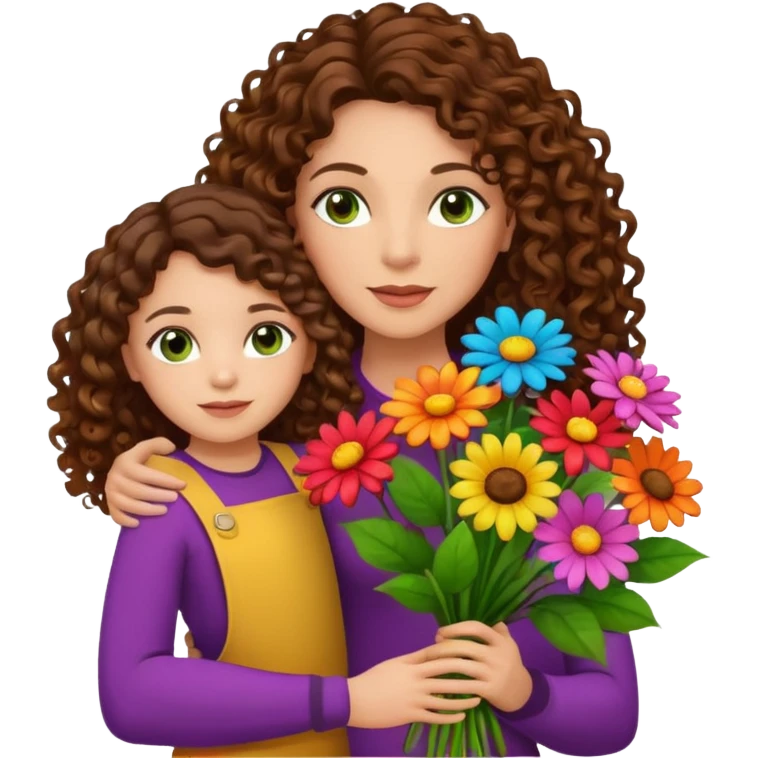 light skinned brunette long curly haired woman with green/hazel eyes holding big bright bunch of flowers with one hand and daughter's hand (also with long brown curly hair) in other. White background. emoji
