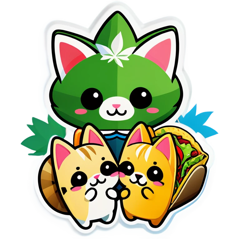 Kawaii Cannabis leaf and kittens eating tacos kawaii style  emoji