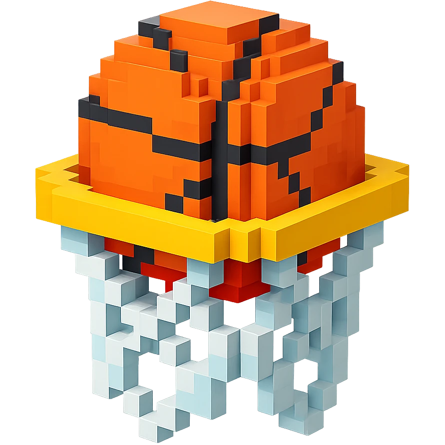 Voxel-style basketball in a net, no background, variation 1. emoji