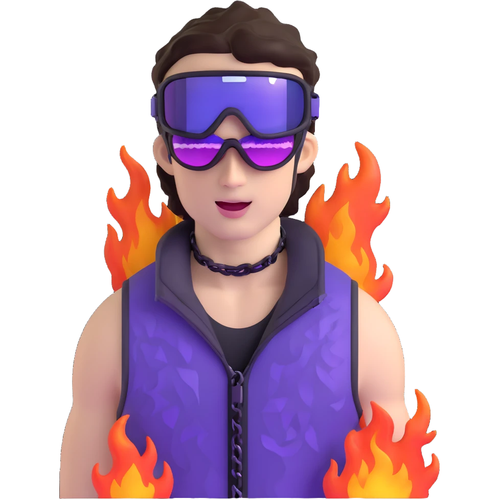 close-up of cool guy male athlete with white skin and moderately curly dark brown hair on top with shaved sides, with one purple ski goggle lens pushed up above his eyes on his forehead, sticking his tongue out of his mouth, a simple plain black chain necklace, and a completely unzipped sleeveless vest with purple and black sequin fire pattern design with no logo emoji