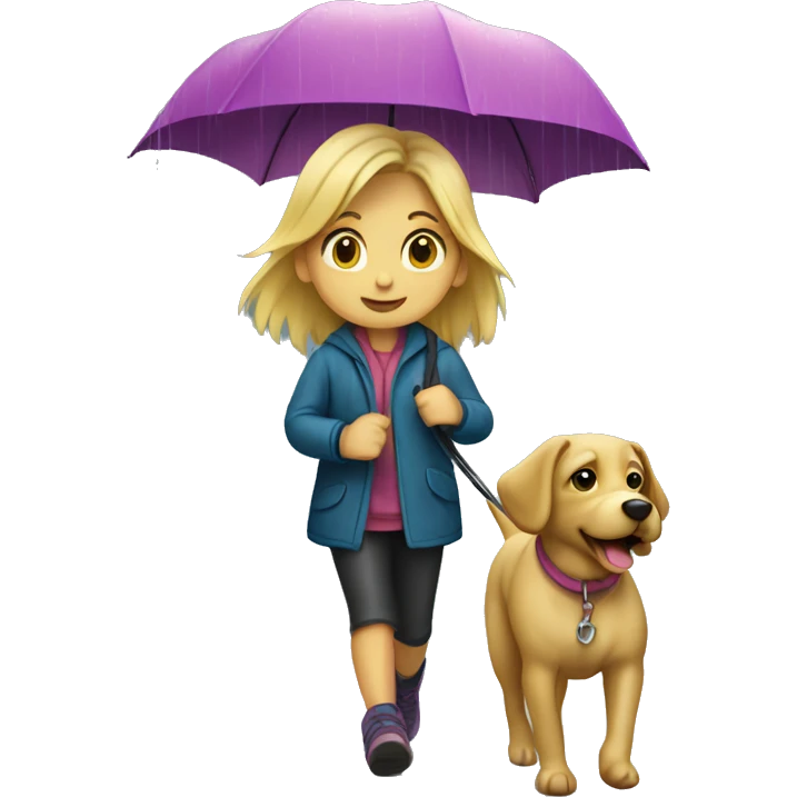 Blond girl walking a dog in the rain  emoji