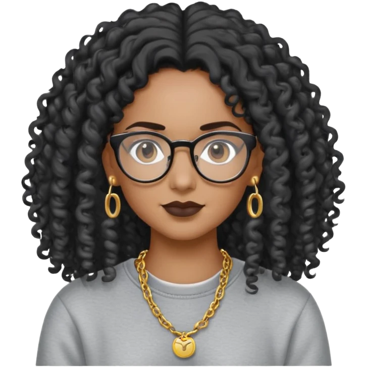 Mixed girl /curly long hair black / with dark hair/ black eyes /glasses /sweat shirt /middle part/ flat erring / small gold chain  emoji
