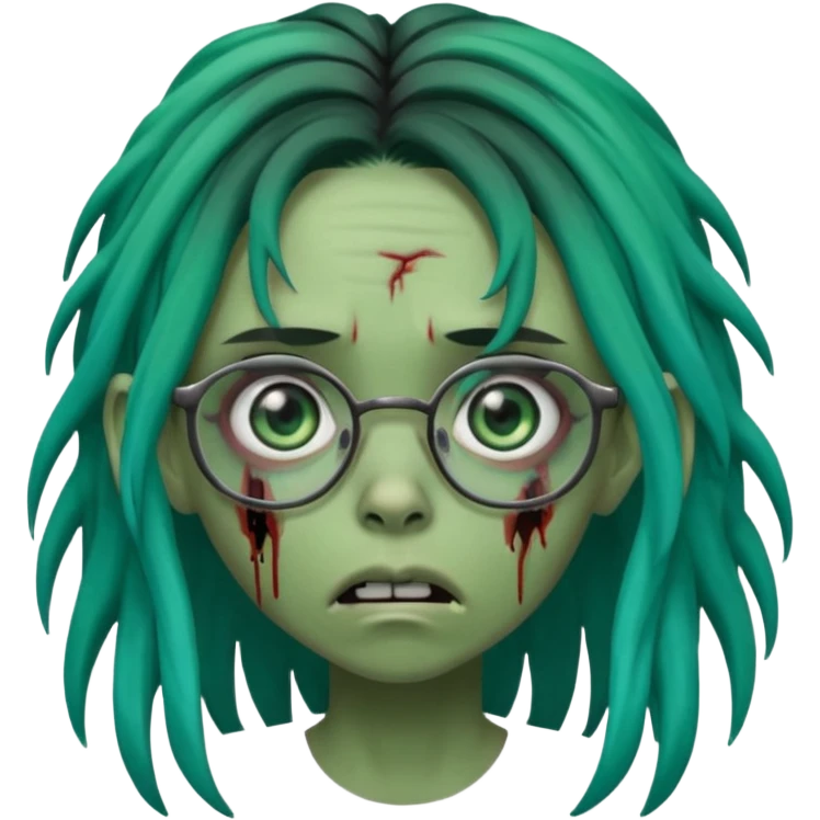One young female green-skinned, zombie with glasses, with ombre black roots & teal tips long dreadlocks and a worried expression with a small wound near its mouth. emoji