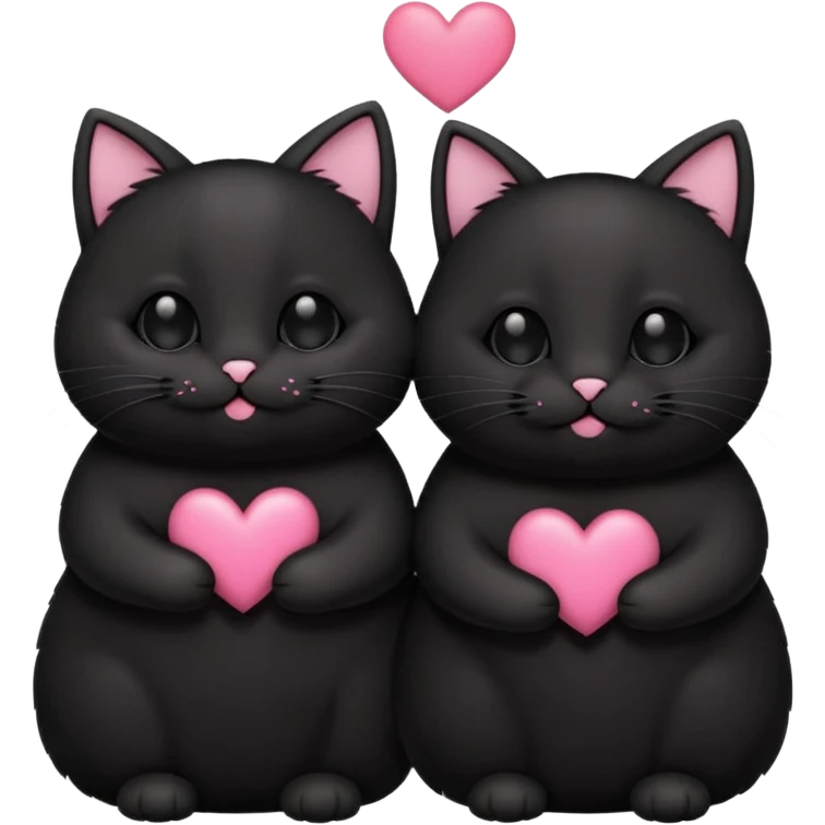 two fat cute black cats love, pink heart, closed mouth, black ears emoji