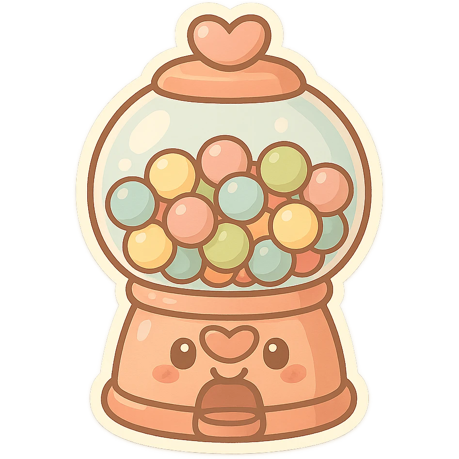 chibi sticker-style bubble gum machine with a heart accent, cute and exaggerated emoji