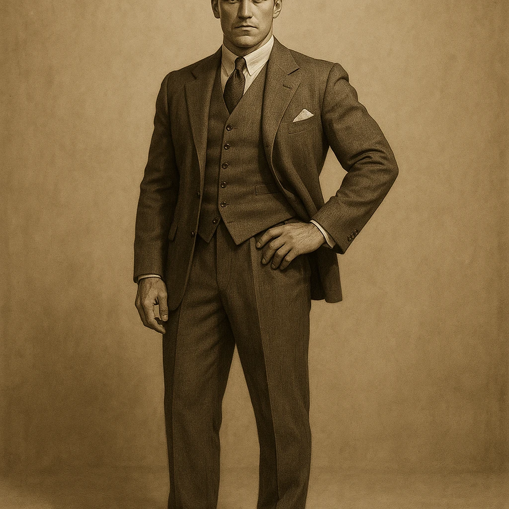 full body portrait of Tom Buchanan from The Great Gatsby, athletic build, 1920s suit, confident posture, slicked-back hair, classic style emoji