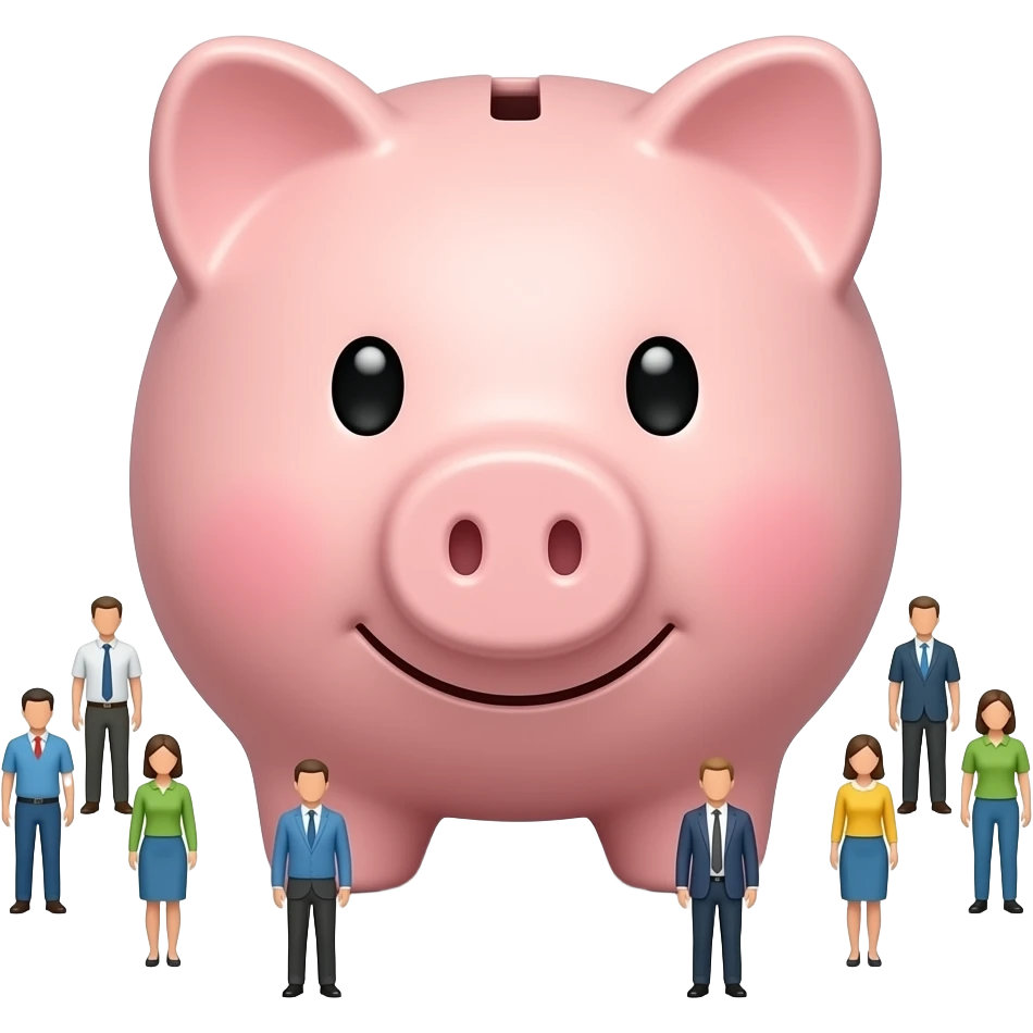 piggy bank and small people standing around it emoji