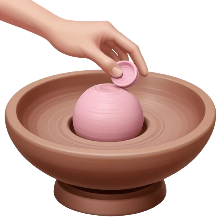 single hand throwing a pink ball of clay onto a pottery wheel, only one hand visible in the frame emoji