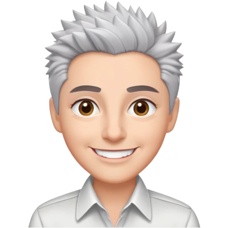 Close-up portrait of Marian Pabón with defined facial structure, light pinkish skin, almond eyes, arched eyebrows, charismatic wide smile, short spiky gray hair, wearing a formal white buttoned shirt emoji