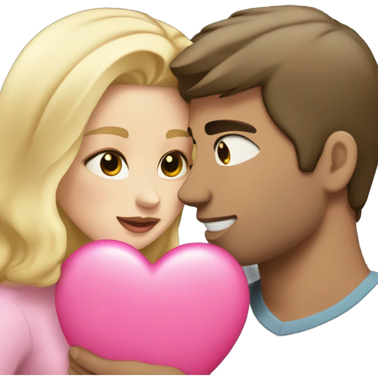Cute white couple, blonde hair woman and man with dark hair and fair skin kissing holding a pink heart emoji