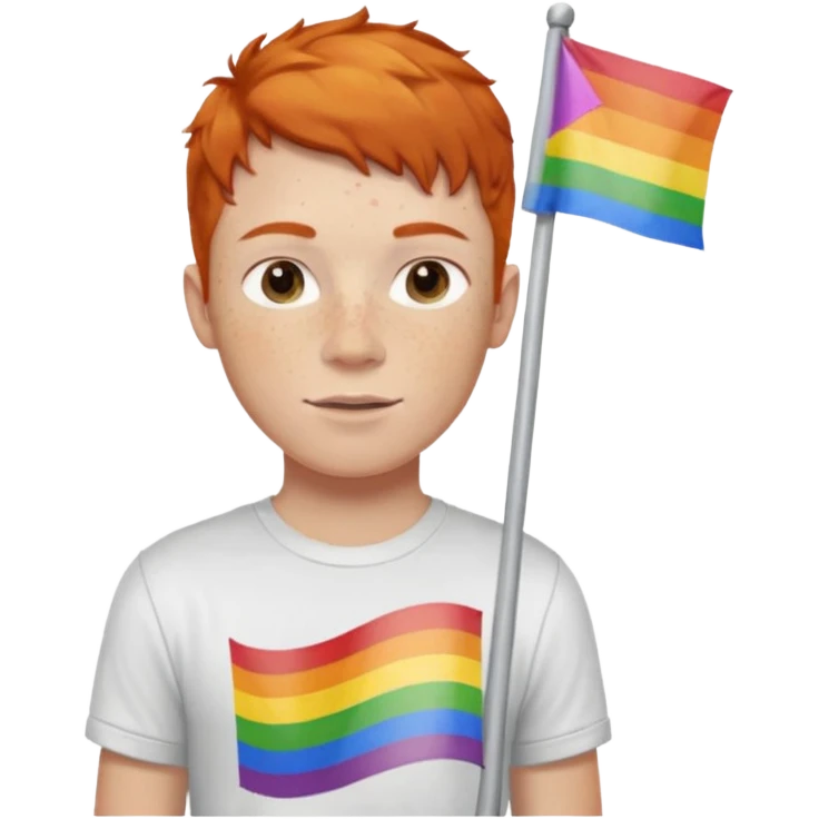 A gay, ginger, young, freckled, boy with a shirt with JUDE on it holding a pride flag emoji