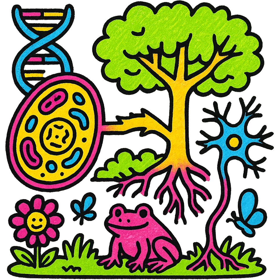 A realistic biological illustration (like in a school book) showing: DNA strands transitioning into a tree, cells with visible organelles, neurons connected to plant roots  and a balanced ecosystem background . Seamless integration, no labels or borders, complete white background (not off white!), detailed but minimalist.  emoji