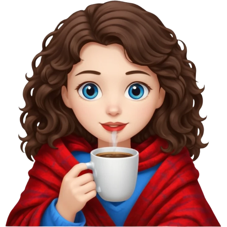 Девушка брюнетка с волнистыми волосами и голубыми глазами укутана в красный пушистый плед и пьет кофе emoji
