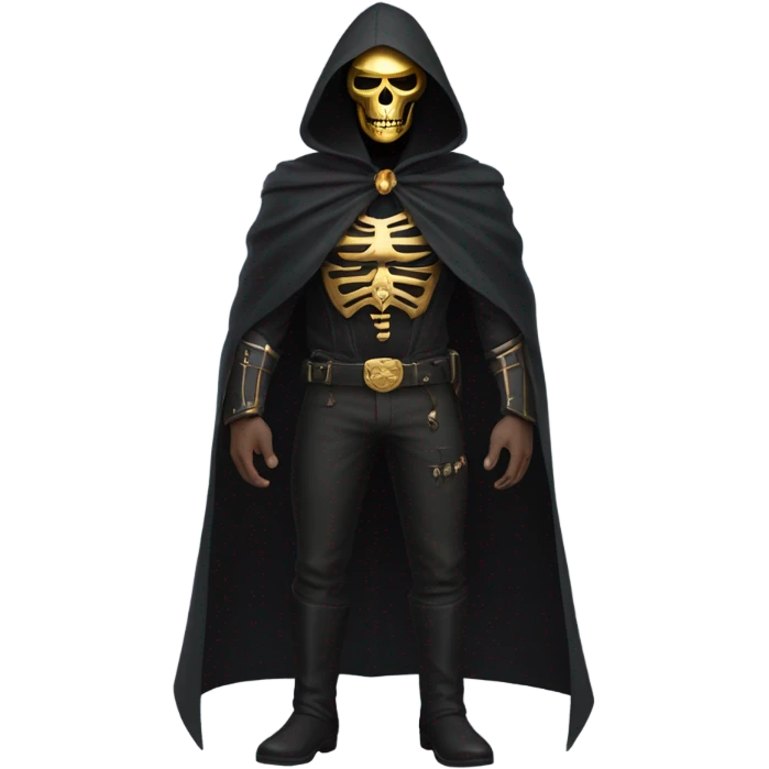 Bounty Hunter Boss with black cape and a gold skull mask from death Stranding, full body view emoji