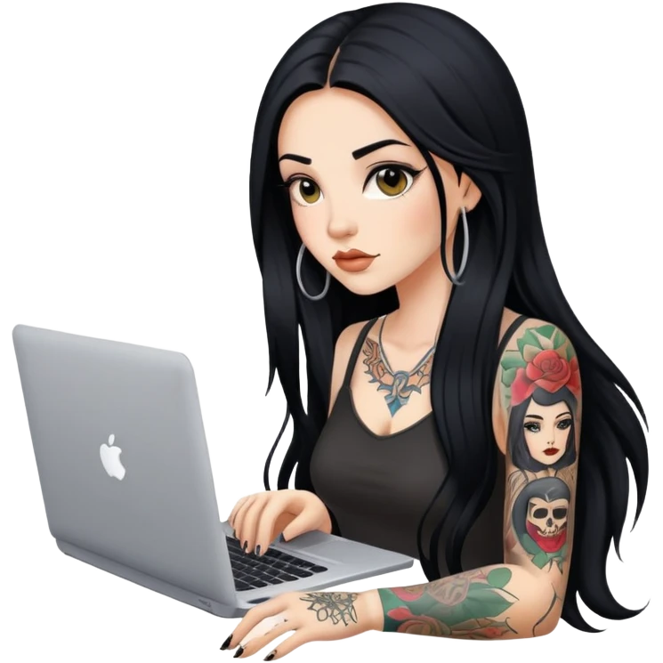 beautiful girl with tattoos, with long black hair, typing on laptop emoji