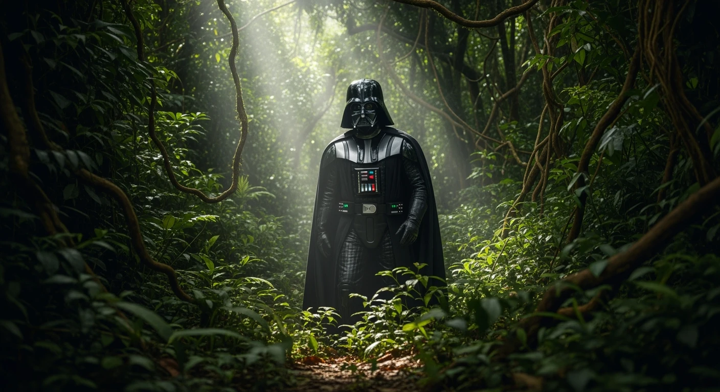 cinematic still, documentary photography, amazon jungle, well lit scene, Darth Vader is exploring the jungle, close up, front shot, rule of thirds emoji