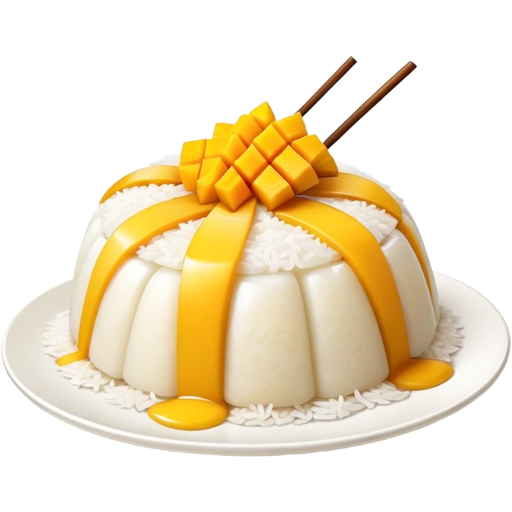 cinematic-realistic-mango-sticky-rice-dessert-emoji,-showcasing-sweet-sticky-rice out of a mould-paired-with-ripe-mango-slices-and-coconut-milk-rendered-with-lifelike-detail-and-warm,-inviting-lighting with the coconut  milk over the rice emoji
