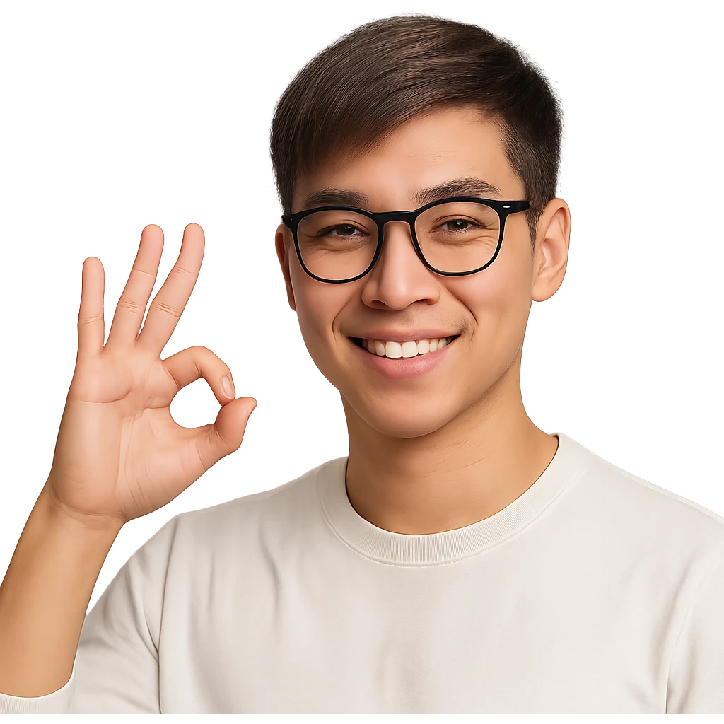 a young Asian man with cool brown short hair, wearing black framed glasses, a white top, making an OK gesture with his right hand, and smiling confidently emoji