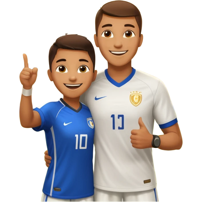 Soccer player celebrating with coach handshake under bright stadium lights, golden lighting, energetic, cinematic, realistic emoji