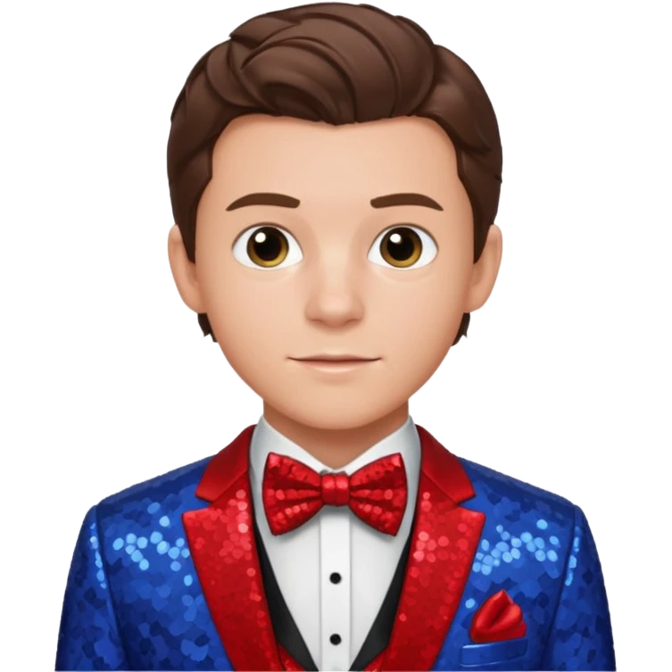 Tom Holland with brown hair, red shirt, periwinkle sequin suit jacket with bow tie emoji