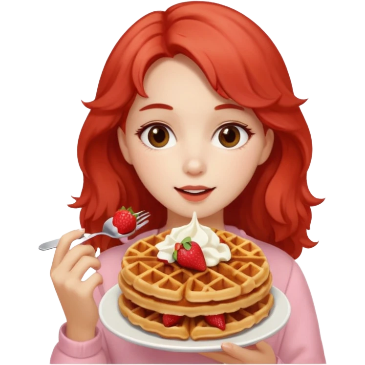 joven con look soft girl comiendo wafles con frutilla emoji