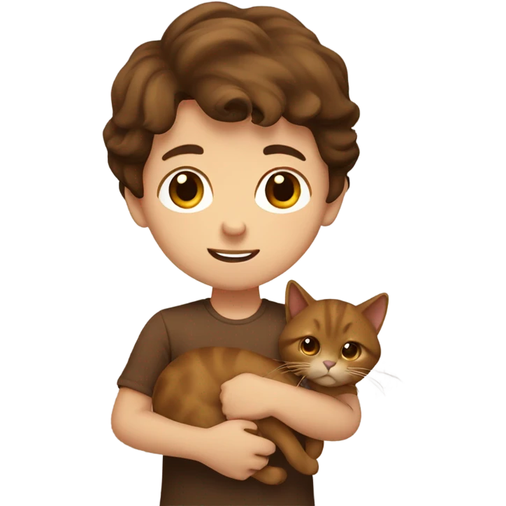 a boy with brown hair and brown eyes holding a brown cat emoji