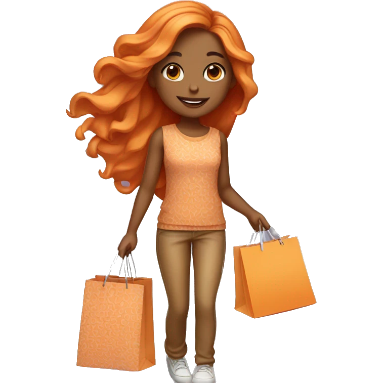Tan girl with long orange hair wearing cute outfit holding shopping bags emoji