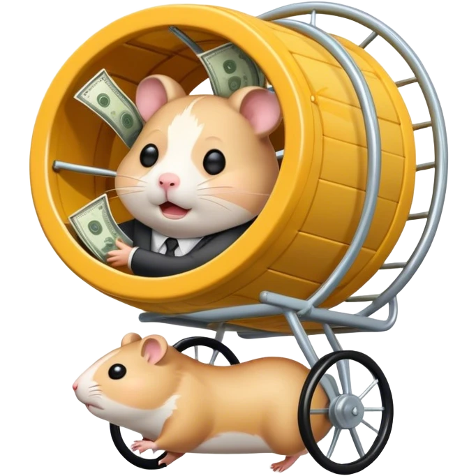 Create an emoji of a tired, overworked entrepreneur running on a hamster wheel, chasing a floating dollar sign or a bag of money. The character has dark circles under their eyes, looks exhausted, and appears stuck in an endless cycle. The hamster wheel represents constant struggle, while the money is always just out of reach. The style should be clean and easily recognizable as an emoji

 emoji