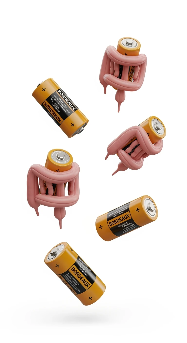 6 BATTERI INTESTINALI BORDEAUX FLUTTUANO IN ARIA, IPERREALISTICO 4K, ISOLATI SU SFONDO BIANCO emoji