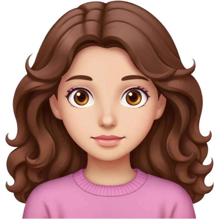 female character, brown eyes, long wavy brown hair, pink jumper emoji