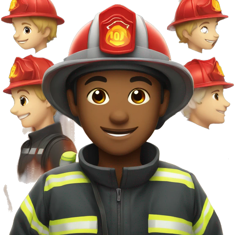 smiling boy in fire helmet and firefighter coat emoji