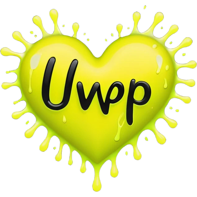 A neon yellow heart with black splashes and The text UVP in the heart emoji